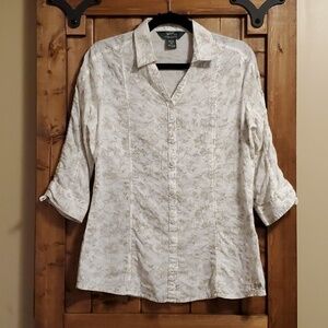 Woolrich Cotton White Tan Floral Print Shirred 3/4 Sleeve Blouse Size Med